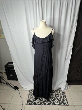 Venus Black Cold Shoulder Ruffle Maxi Dress with Lace Insets - Size Large - NWOT